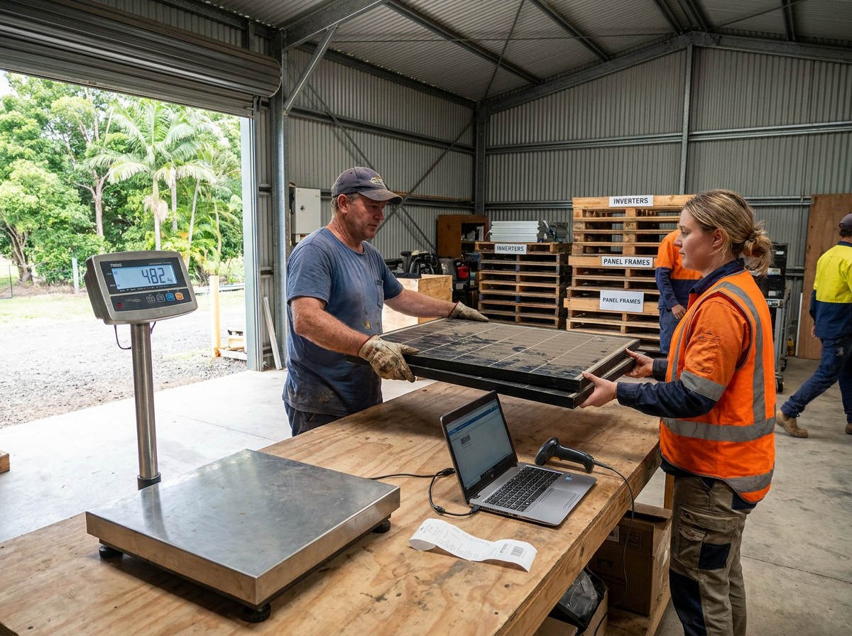 Concept visualisation of the intake counter: a panel handed across the bench beside a platform scale, laptop and barcode scanner.